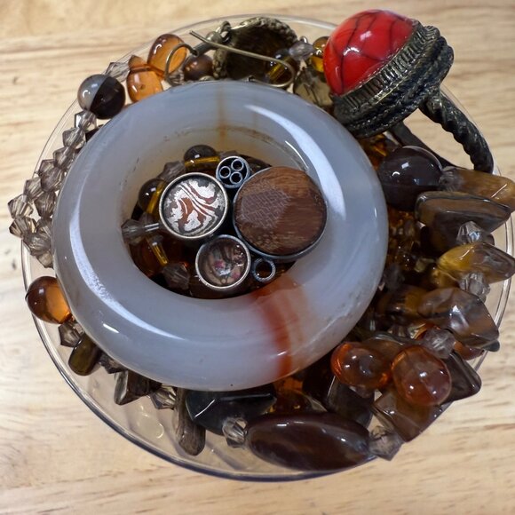 Mystery Jewelry Lot Mini Jar W/ Earth Tones Glass & Stone Pieces Fall Colors Bla - Picture 6 of 11